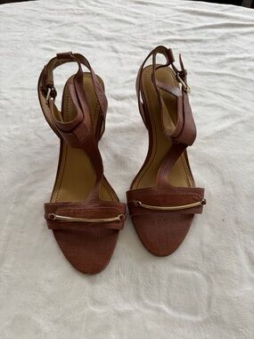 Nine West Brown T-Strap Heeled Sandals with Gold Accent